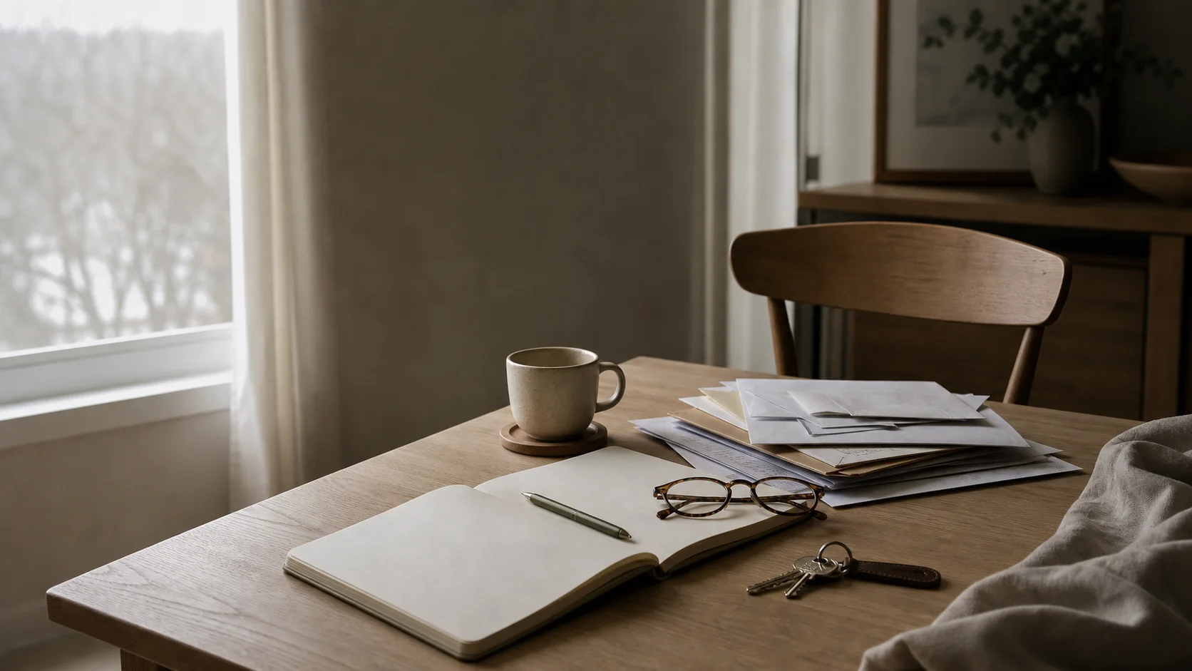 A quiet dining table near a window with caregiving paperwork, an open notebook, reading glasses, keys, and a mug.
